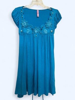 Lipsy Y2k Blue Embellished Scoop Neck Women's Babydoll dress with tie waist